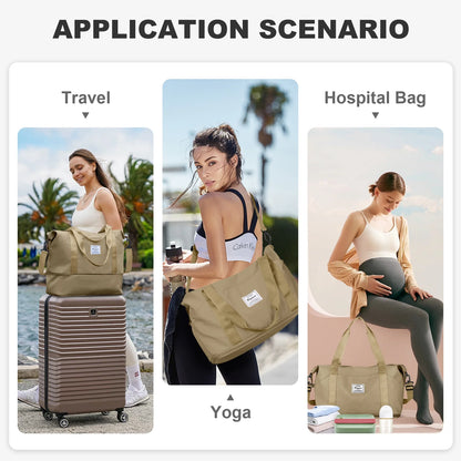 Travel Bag, Waterproof Duffel Gym Tote Bag, Weekender Carry on Overnight Bags for Women Men Approved Personal Item Bag for Airlines with Trolley Sleeve, Travel Duffel Bags, Khaki