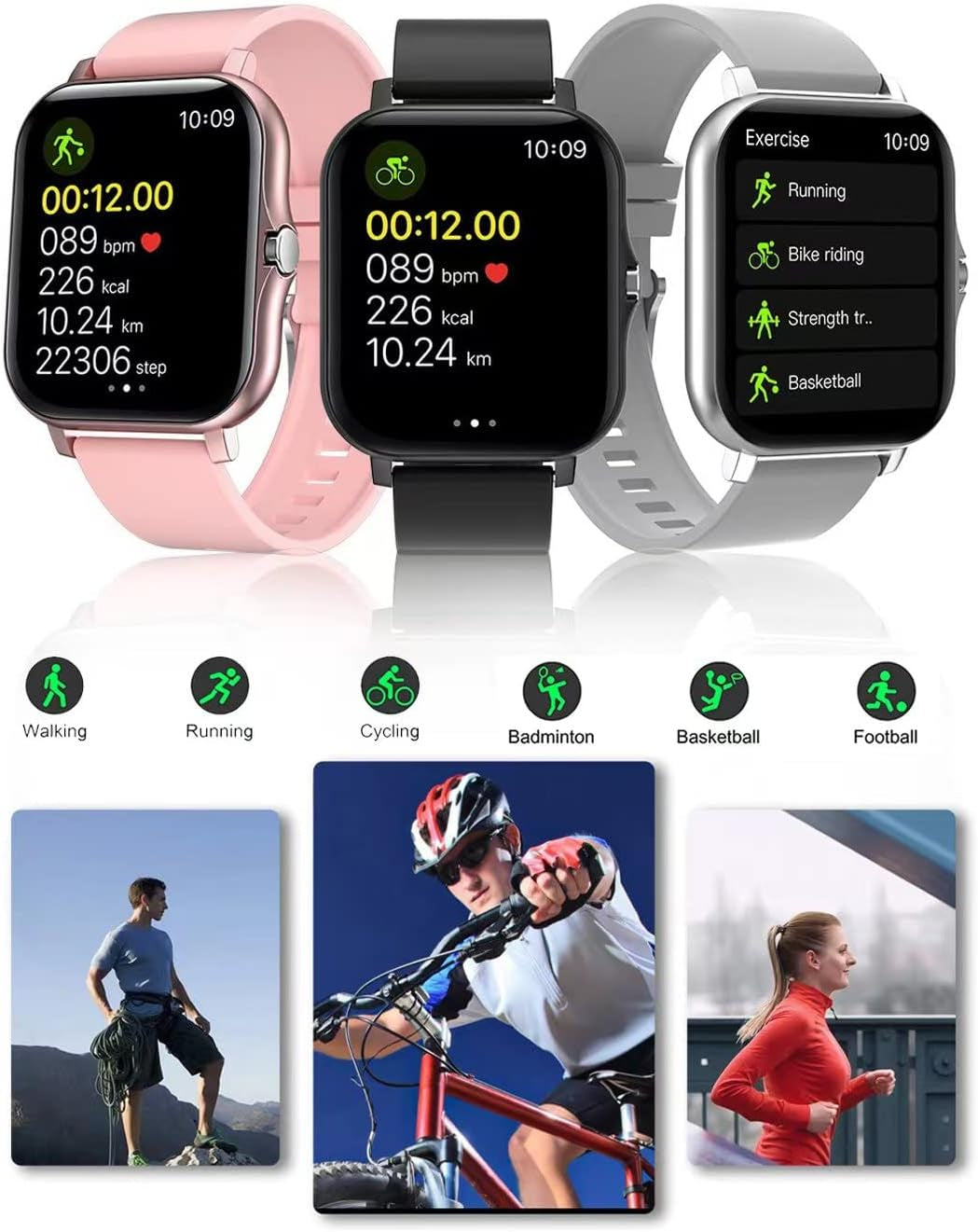Smart Fitness Tracker Watch for Android/Ios - IP68, Heart Rate/Blood Oxygen/Sleep Monitoring, 8 Sports Modes, Breath Training, Weather Updates - 1.69-Inch Display for Men and Women (Rose Gold)